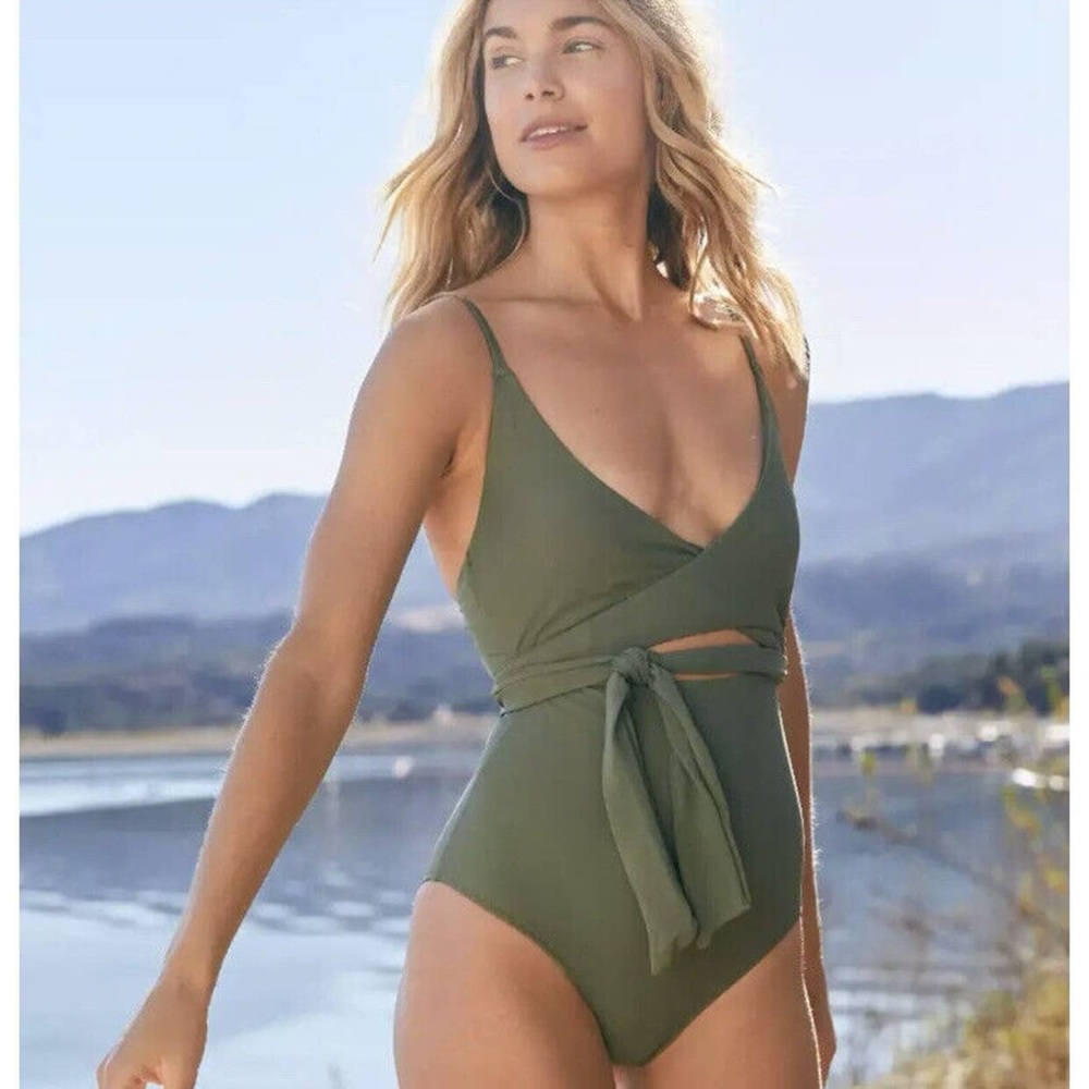 Aerie AE Olive Green Wrap One Piece Swimsuit Full Coverage